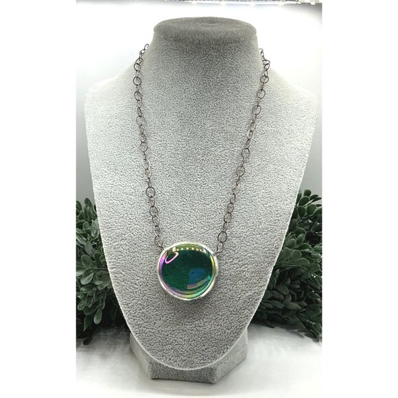 Iridescent Green Glass Pendant Necklace With Silver Chain - Picture 3 of 7